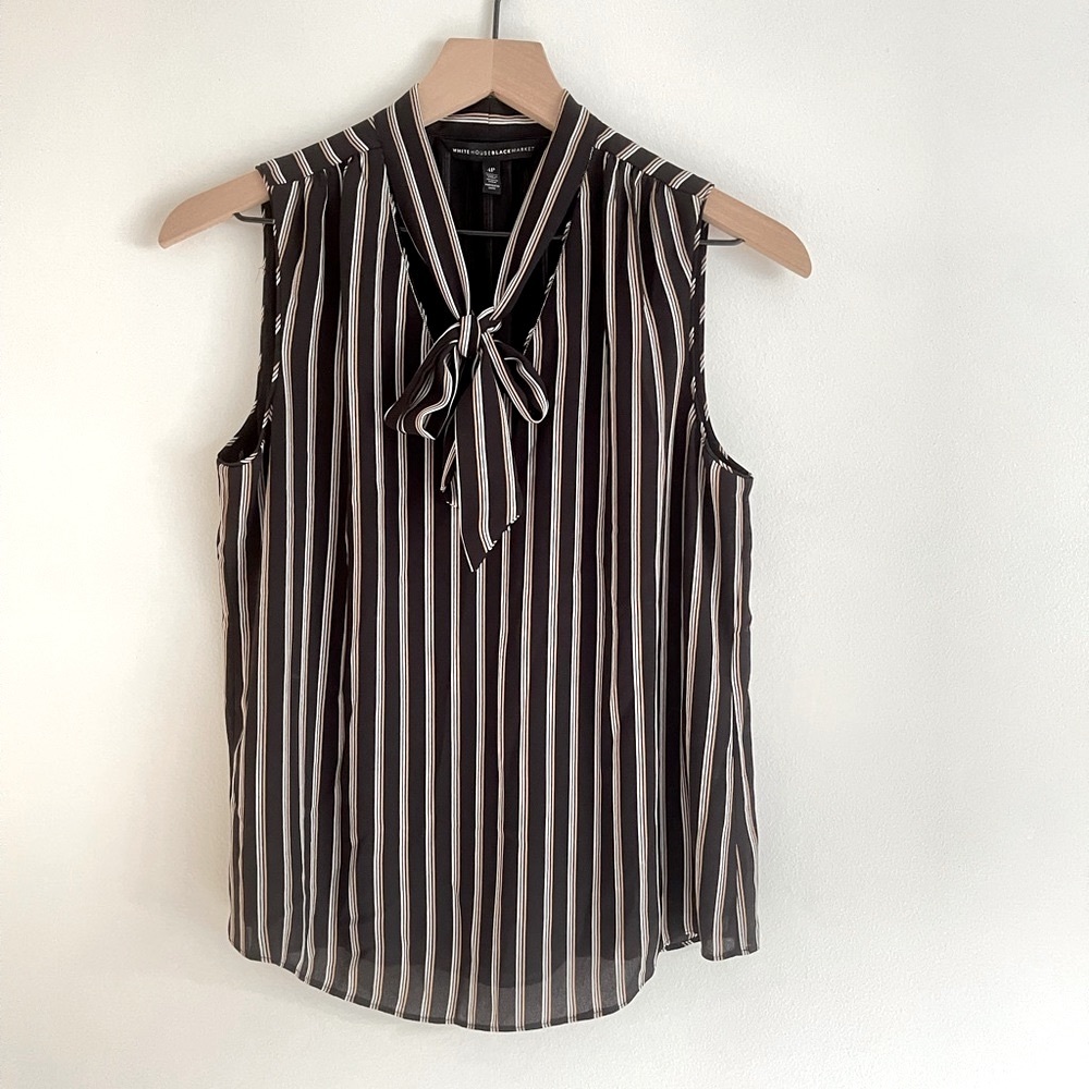Tie-Neck 4 Petite Black Striped Sleeveless Blouse WHBM